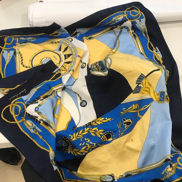 Designer Silk Scarf in Blue and Yellow​ - Picture 5 of 9